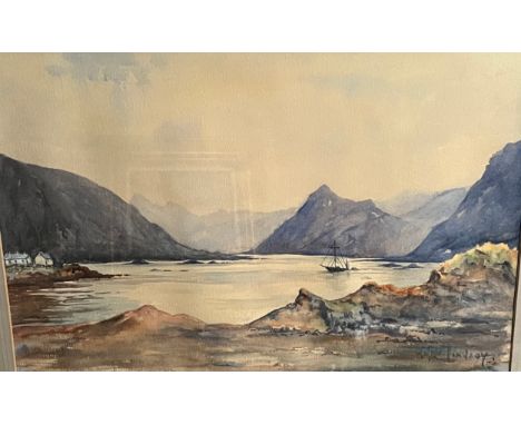 M Lindsay Original watercolour depicting loch and mountain scene. Signed to bottom right hand corner. [Frame- 60x75cm] 