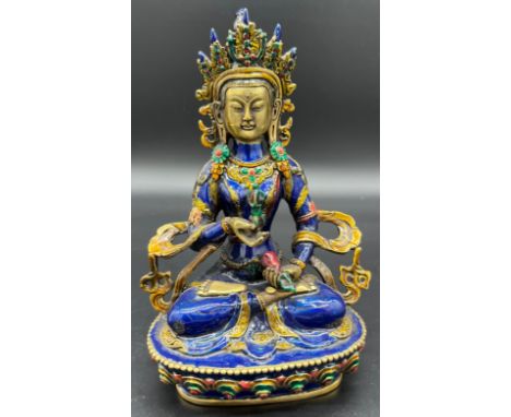 20th century Chinese brass worked and cloisonne enamel buddha deity sculpture. [20.5cm high]