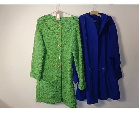 2 Vintage coats  - Blue coat St Michael size 12 with hood , no makers label in green knitted coat