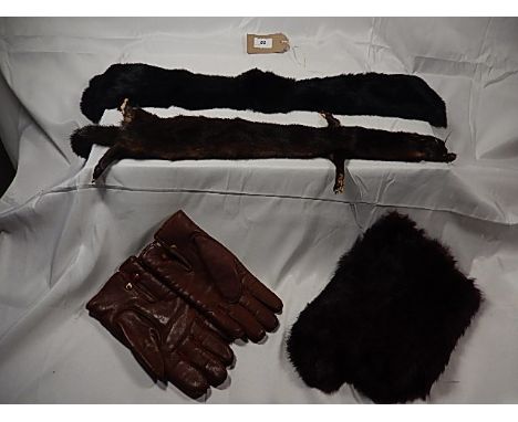 A collection of Vintage Stoat fur stole/wrap and 1 other, also included real fur mittens and Leather lined gloves made by Den