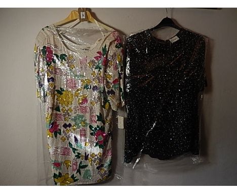 2 Vintage Beaded, Lined Frank Usher tops - White top with shoulder pads size M 