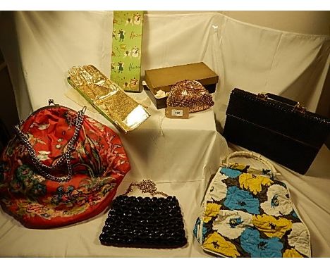A collection of 5 bags some vintage - to include a hand painted red bag, and a pair of gold gloves in a vintage Harrods Chris