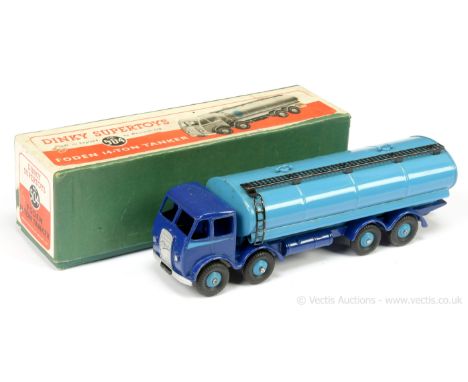 Dinky 504 Foden (type 1) 14 -Ton Tanker - two-tone blue, ridged hubs with treaded tyres, silver trim, black metal gantry, lad