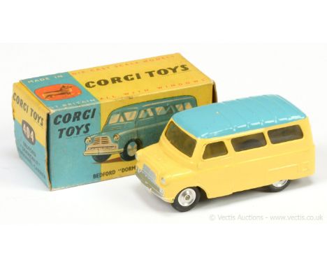 Corgi 404 Bedford Dormobile Personnel Carrier - two-tone yellow, light blue ribbed roof, silver trim, spun hubs - Good Plus s