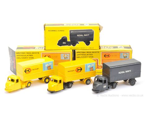 Budgie Toys 3 x Scammell Scarabs (1) "Rail Freight" - yellow, black; (2) same as (1) but light yellow and (3) later issue "Ro