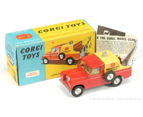 Corgi 417s Land Rover Breakdown Truck - red body, pale yellow metal tilt, lemon interior, silver jib and roof light, grey bas