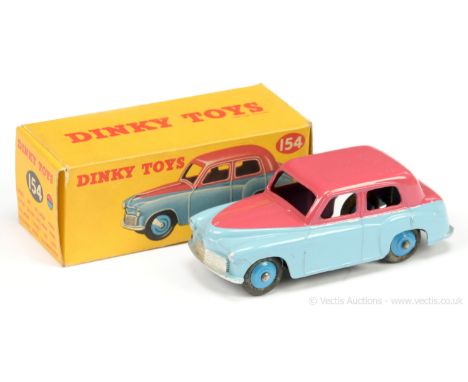 Dinky 154 Hillman Minx Saloon - two-tone light blue, cerise, silver trim, mid-blue ridged hubs with smooth tyres (large basep