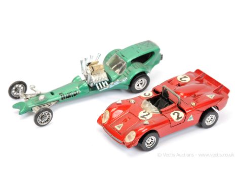 Hot Wheels (Mattel / Mebetoys) 6612 Alfa Romeo - metallic red, black interior, racing number 2; 6603 Trantula - metallic gree