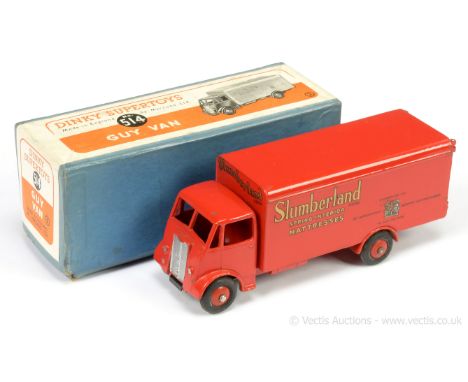 Dinky 514 Guy "Slumberland" Delivery Van - red including ridged hubs with smooth tyres, silver trim - Good still a nice brigh