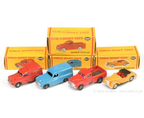 Dinky (Dublo Dinky) 062 Singer Roadster - yellow, red interior, black tonneau; 063 Commer Delivery Van - blue, black wheels, 