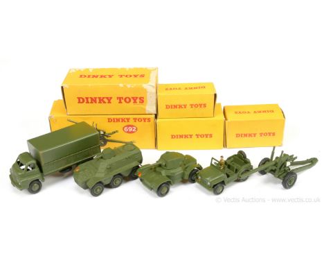 Dinky Military group to include 621 Bedford Covered Wagon; 670 Armoured Car; 674 Austin Champ with figure; 676 Armoured Perso