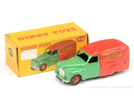 Dinky 470 Austin "Shell/BP" Delivery Van - two-tone green, red including ridged hubs with smooth tyres, silver trim - Good Pl