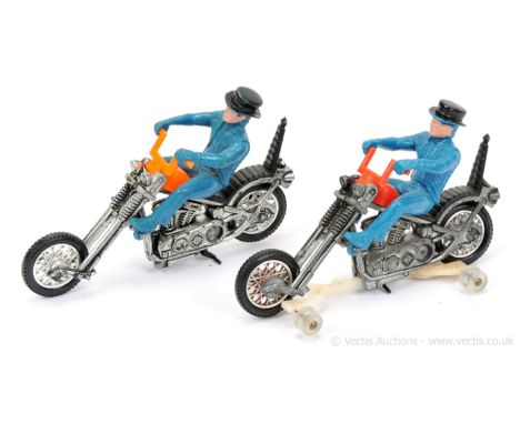 Hot Wheels (Mattel) RRRumblers - a pair (1) Mean Machine - black seat, orange tank and handlebars and (2) same as (1) but wit