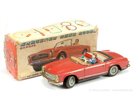 ALPS (Japan) Tinplate Battery Operated Mercedes 230SL - red body, black base, with figure driver - overall condition is gener