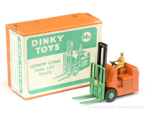 Dinky 14c Coventry Climax Forklift Truck - burnt orange body, black mast, mid-green forks and ridged hubs with treaded tyres,