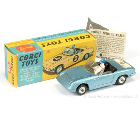 Corgi 318 Lotus Elan S2 "I've Got a Tiger in My Tank" - steel blue, black interior with figure driver, spun hubs - Excellent 
