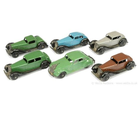 Dinky group to include 22 Series Streamlined Car - green, black ridged hubs; 30c Daimler Saloon - green, black including ridg