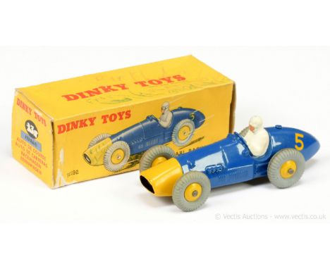 Dinky 23h Ferrari Racing Car - blue, yellow nose, racing number 5 and ridged hubs with grey treaded tyres, figure driver - Go