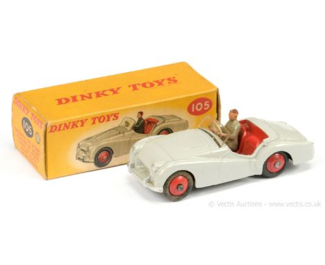 Dinky 105 Triumph TR2 Sports Car - grey body, red interior and ridged hubs with smooth tyres, figure driver, silver trim - Ex