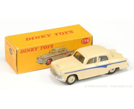 Dinky 176 Austin A105 Saloon - light beige including ridged hubs with treaded tyres, violet blue side flashes, silver trim - 