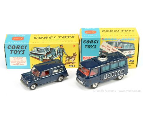 Corgi 448 BMC "Police" Mini Van - dark blue, red interior, spun hubs, plastic aerial - Good Plus in a generally Good Plus to 