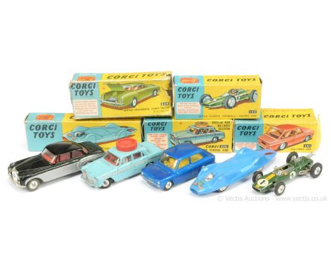 Corgi group to include 153a Proteus Campbell Bluebird Record Car - blue, chrome hubs with "Union Jack and USA" flag decals; 1