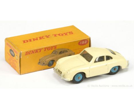 Dinky 182 Porsche 356A Coupe - cream body, silver trim, mid-blue ridged hubs with black treaded tyres - Good (does have small