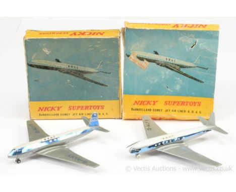 Dinky (Nicky Super Toys) a pair of 999 De Havilland Comet "BOAC" Aircraft; (1) silver, blue with black "GALYX" lettering &amp