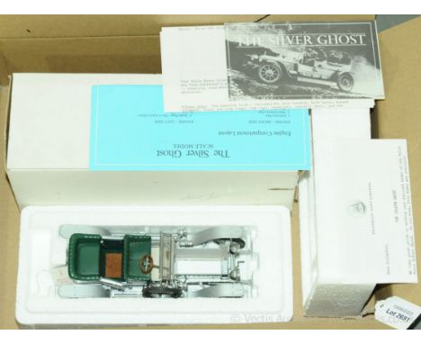 Franklin Mint (1/24th scale) Rolls Royce Silver Ghost - finished in silver, green seats - Near Mint (interior requires very l