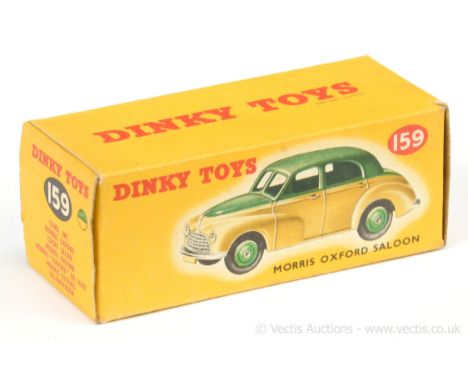 Dinky 159 Morris Oxford Saloon Empty two-tone yellow and red carded picture Box - mid-green/cream colour spot - overall condi