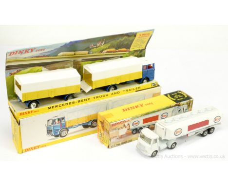 Dinky 917 Mercedes Truck &amp; Trailer - blue cab &amp; chassis, white roof &amp; panel, red interior, yellow back with white