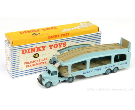 Dinky 582 Bedford Pullmore Car Transporter - light blue cab and trailer with fawn beds, mid-blue ridged and Supertoy hubs wit