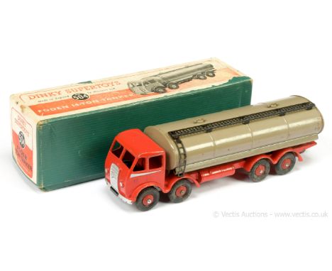 Dinky 504 Foden (type 1) 14 -Ton Tanker - red cab, chassis &amp; ridged hubs with herringbone tyres, fawn tanker with black m