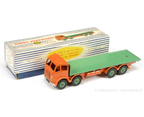 Dinky 902 Foden (Type 2) Flat Truck - orange cab and chassis, mid-green back and Supertoy hubs with treaded tyres, silver tri