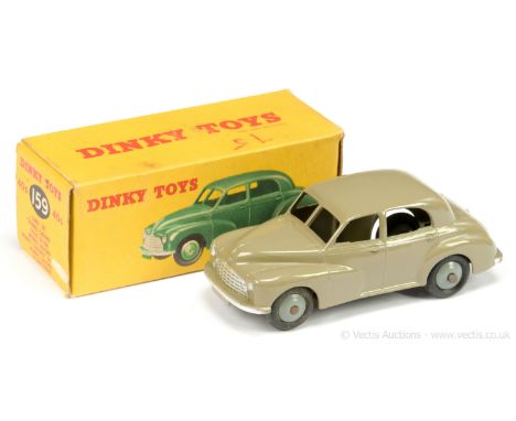 Dinky 159 (40g) Morris Oxford Saloon - fawn body, silver trim, grey ridged hubs with smooth tyres (small baseplate lettering)