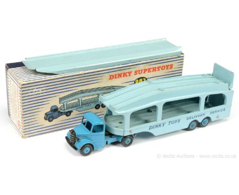 Dinky 982 Bedford Pullmore Car Transporter - mid-blue cab and ridged hubs, light blue trailer with mid-blue Supertoy hubs, tw