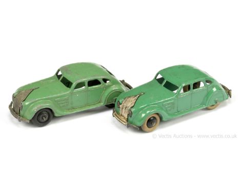 Dinky 30a Chrysler Airflow - a pair (1) green, black smooth hubs with white tyres &amp; another but with black ridged hubs &a