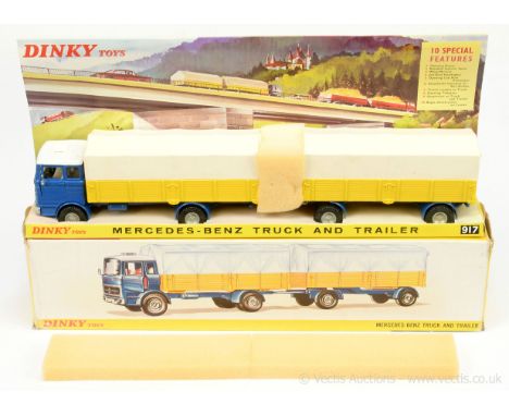 Dinky 917 Mercedes Truck &amp; Trailer - blue cab with white roof &amp; panel, grey interior, yellow back with off-white plas