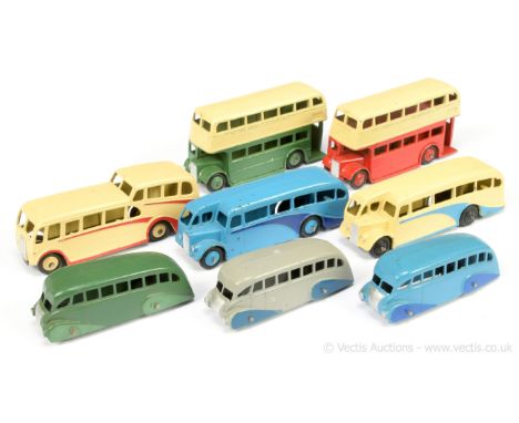Dinky Buses a group to include 29b Streamlined Bus - mid-blue, dark blue flashes with black ridged hubs; (2) same as (1) but 