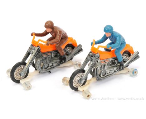 Hot Wheels (Mattel) RRRumblers - a pair (1) Road Hog - orange plastics, blue figure rider and (2) same as (1) but brown figur