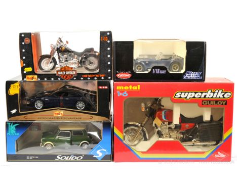 A group of (1/18th scale) to include Maisto Aston Martin DB7; Solido Mini Cooper S; Kyosho Cobra; Guiloy (1/6th scale) Yamaha