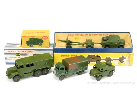 Dinky Military Group to include; 688 Field Artillery Tractor - green including ridged hubs with figure driver; 689 Medium Art