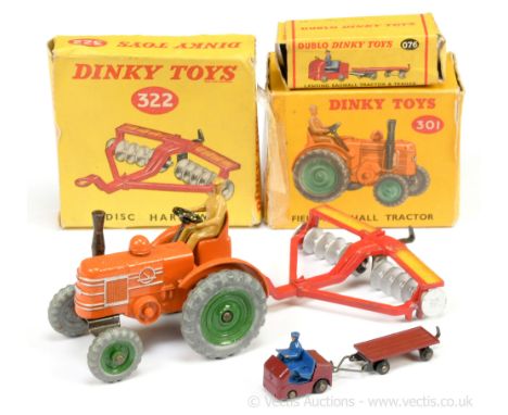 Dinky 302 Field Marshall Tractor - orange, green metal wheels, silver trim, black engine stack &amp; steering wheel, light ta