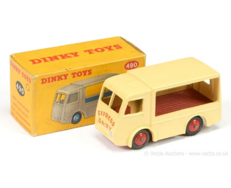 Dinky 490 Electric Dairy Van "Express Dairy" - cream body, red base inner back &amp; ridged hubs with treaded tyres, sliver f