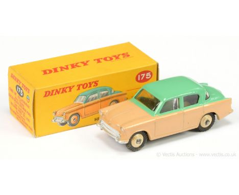 Dinky 175 Hillman Minx Saloon - two-tone green, beige, silver trim, light beige ridged hubs with treaded tyres - Good Plus (s