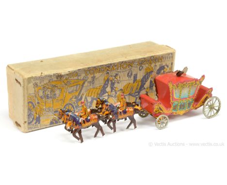 Wells Brimtoy "The Coronation Coach" - (circa 1937) - finished in red, yellow trim, 4 x horses (2 x outriders) - condition is