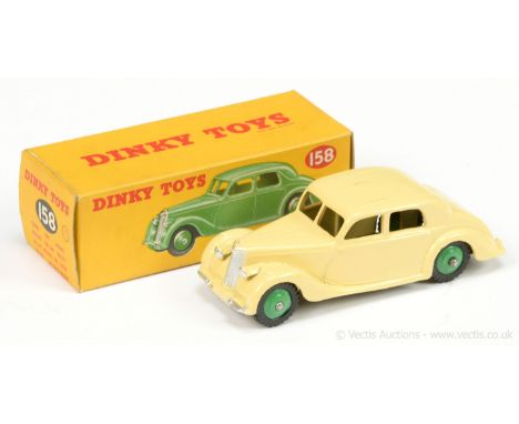 Dinky 158 Riley Saloon - cream body, silver trim, mid-green ridged hubs with treaded tyres - Good Plus (does have some small 