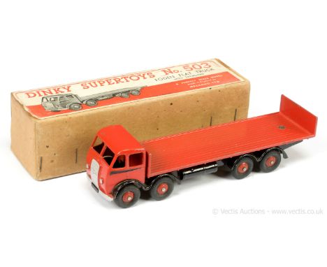 Dinky 503 Foden (type 1) Flat Truck with Tailboard - red cab, back &amp; ridged hubs with herringbone tyres, black chassis &a