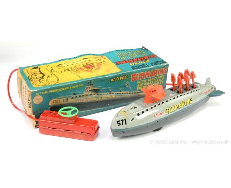 Marx (Japan) Battery Operated Tinplate Remote Control Atomic Submarine - finished in two-tone grey, red plastics with green &