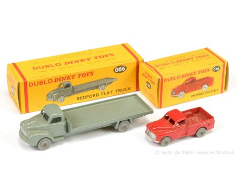 Dinky (Dublo Dinky) 065 Morris Pick-up - red, silver trim, smooth grey plastic wheels and 066 Bedford Flat Truck - grey inclu